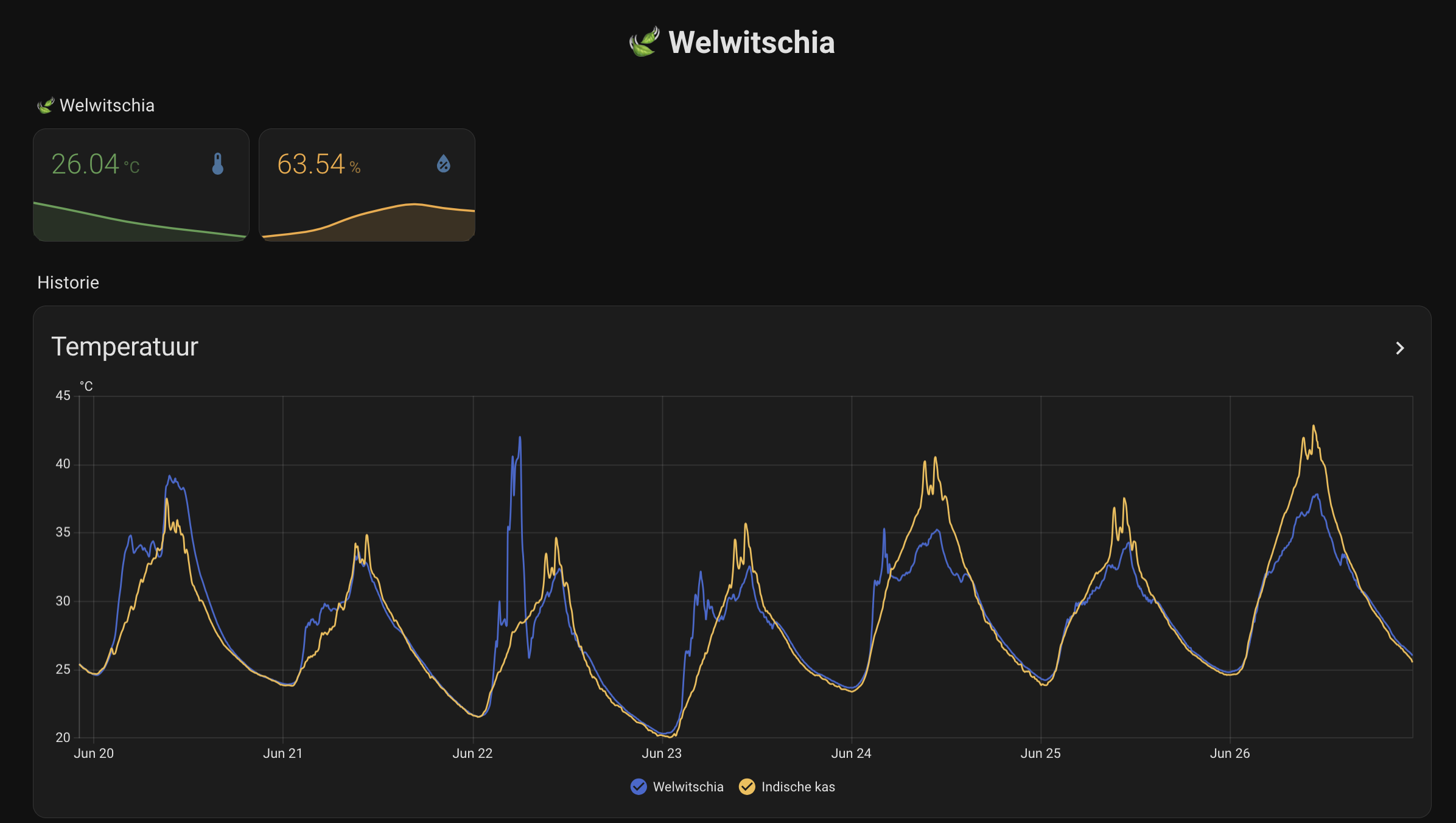 Het Welwitschia-dashboard — temperatuur en luchtvochtigheid bijgehouden door een enkele draadloze sensor, aangemaakt via de AI-assistent.